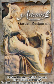 The Artemis Garden Restaurant in Pefkos Rhodes. The Artemis Garden Restaurant is particularly famous for it's Mixed Greek Plate - Mousaka, Stifado, Dolmades, Gemitsa and more all on one plate.